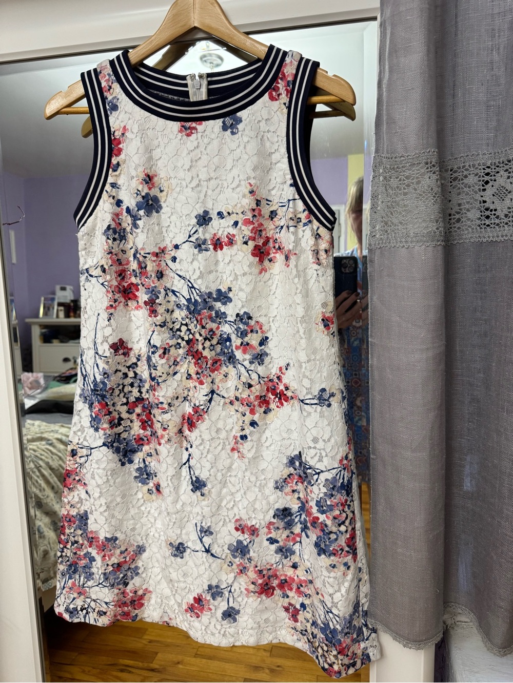 Tommy Hilfiger White Lace Floral Shift Dress with Pink and Blue Blossoms